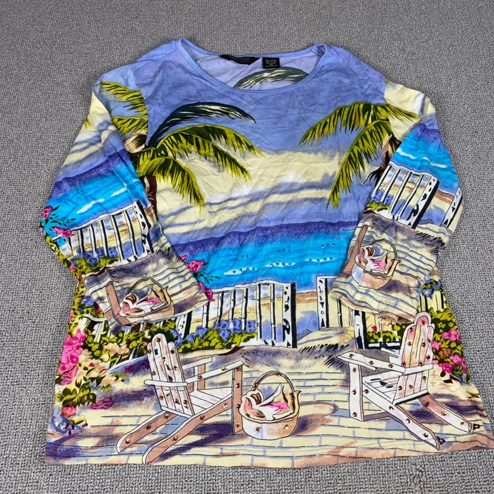 Vintage Take Two Beach Shirt Womens XXL Blue Tropical Palm Tree Long Sleeve Y2K